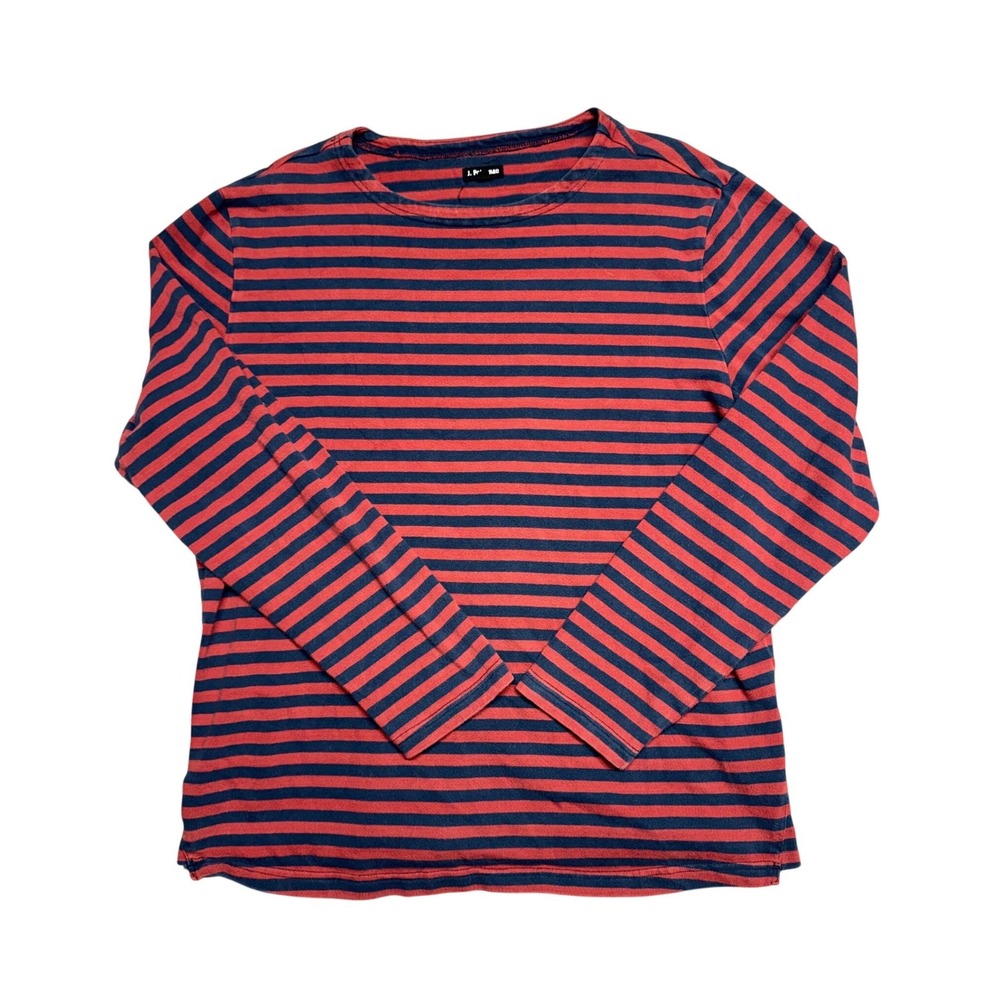 J Peterman Mens Large Red Navy Blue Striped Long Sleeve Cotton T-Shirt